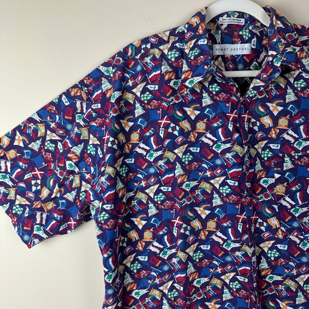 Henry Grethel Mens Flag Print ButtonUp Shirt L Nautical Novelty Fisherman Resort - Picture 2 of 8